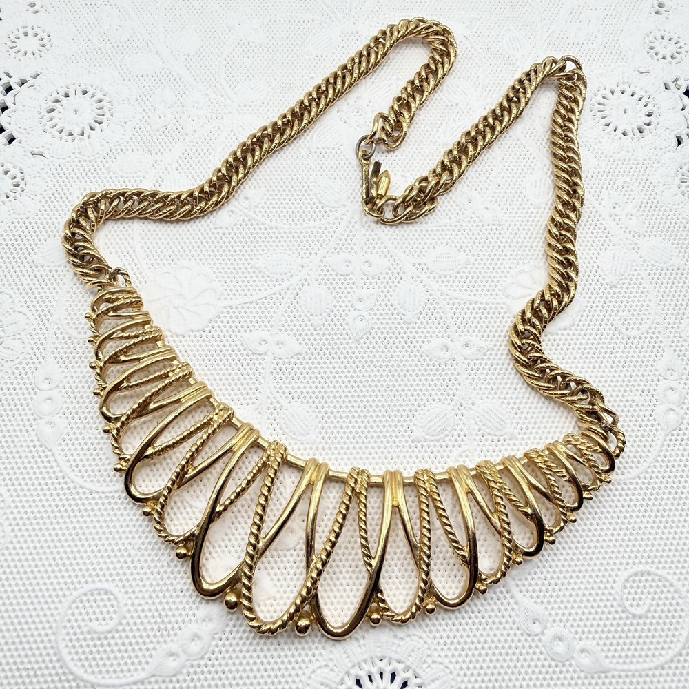 Vintage Egyptian Revival Necklace Gold Tone Twisted Textured Bib by Avon 15"